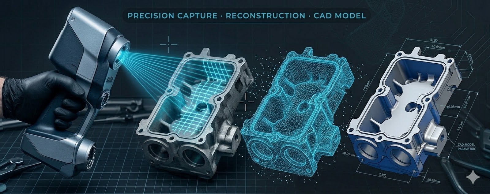 Proceso ingeniería inversa — Captura · Reconstrucción · Modelo CAD